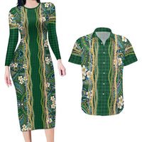 Hawaiian Art Flower Tribal with Lei Couples Matching Long Sleeve Bodycon Dress and Hawaiian Shirt Palaka Pattern Green Color - Polynesian Pride