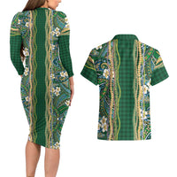 Hawaiian Art Flower Tribal with Lei Couples Matching Long Sleeve Bodycon Dress and Hawaiian Shirt Palaka Pattern Green Color - Polynesian Pride