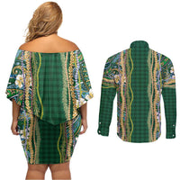 Hawaiian Art Flower Tribal with Lei Couples Matching Off Shoulder Short Dress and Long Sleeve Button Shirt Palaka Pattern Green Color - Polynesian Pride