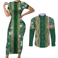 Hawaiian Art Flower Tribal with Lei Couples Matching Short Sleeve Bodycon Dress and Long Sleeve Button Shirt Palaka Pattern Green Color - Polynesian Pride