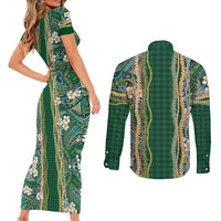 Hawaiian Art Flower Tribal with Lei Couples Matching Short Sleeve Bodycon Dress and Long Sleeve Button Shirt Palaka Pattern Green Color - Polynesian Pride