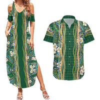 Hawaiian Art Flower Tribal with Lei Couples Matching Summer Maxi Dress and Hawaiian Shirt Palaka Pattern Green Color - Polynesian Pride