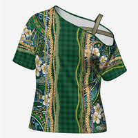 Hawaiian Art Flower Tribal with Lei Cross Shoulder Shirt Palaka Pattern Green Color - Polynesian Pride