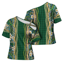 Hawaiian Art Flower Tribal with Lei Cross Shoulder Shirt Palaka Pattern Green Color - Polynesian Pride