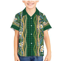 Hawaiian Art Flower Tribal with Lei Family Matching Mermaid Dress and Hawaiian Shirt Palaka Pattern Green Color - Polynesian Pride