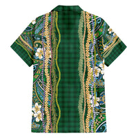 Hawaiian Art Flower Tribal with Lei Family Matching Off Shoulder Maxi Dress and Hawaiian Shirt Palaka Pattern Green Color - Polynesian Pride