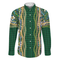 Hawaiian Art Flower Tribal with Lei Family Matching Off Shoulder Short Dress and Hawaiian Shirt Palaka Pattern Green Color LT03 Dad's Shirt - Long Sleeve Green - Polynesian Pride