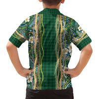 Hawaiian Art Flower Tribal with Lei Family Matching Puletasi and Hawaiian Shirt Palaka Pattern Green Color - Polynesian Pride