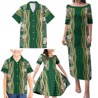 Hawaiian Art Flower Tribal with Lei Family Matching Puletasi and Hawaiian Shirt Palaka Pattern Green Color - Polynesian Pride