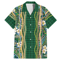 Hawaiian Art Flower Tribal with Lei Family Matching Puletasi and Hawaiian Shirt Palaka Pattern Green Color - Polynesian Pride