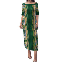 Hawaiian Art Flower Tribal with Lei Family Matching Puletasi and Hawaiian Shirt Palaka Pattern Green Color - Polynesian Pride