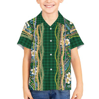 Hawaiian Art Flower Tribal with Lei Family Matching Puletasi and Hawaiian Shirt Palaka Pattern Green Color - Polynesian Pride