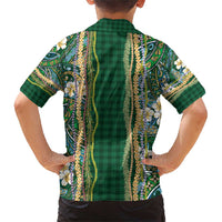 Hawaiian Art Flower Tribal with Lei Family Matching Short Sleeve Bodycon Dress and Hawaiian Shirt Palaka Pattern Green Color - Polynesian Pride