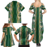 Hawaiian Art Flower Tribal with Lei Family Matching Summer Maxi Dress and Hawaiian Shirt Palaka Pattern Green Color - Polynesian Pride