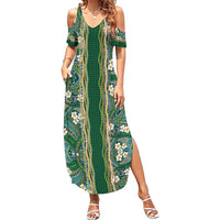 Hawaiian Art Flower Tribal with Lei Family Matching Summer Maxi Dress and Hawaiian Shirt Palaka Pattern Green Color - Polynesian Pride