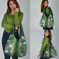 Hawaiian Art Flower Tribal with Lei Grocery Bag Palaka Pattern Green Color - Polynesian Pride