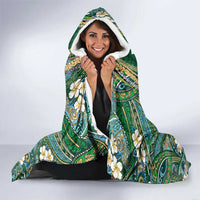 Hawaiian Art Flower Tribal with Lei Hooded Blanket Palaka Pattern Green Color - Polynesian Pride