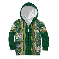 Hawaiian Art Flower Tribal with Lei Kid Hoodie Palaka Pattern Green Color - Polynesian Pride