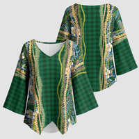 Hawaiian Art Flower Tribal with Lei Kimono Sleeve Blouse Palaka Pattern Green Color - Polynesian Pride