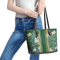 Hawaiian Art Flower Tribal with Lei Leather Tote Bag Palaka Pattern Green Color - Polynesian Pride