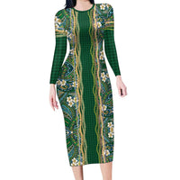 Hawaiian Art Flower Tribal with Lei Long Sleeve Bodycon Dress Palaka Pattern Green Color - Polynesian Pride