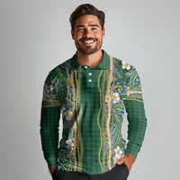 Hawaiian Art Flower Tribal with Lei Long Sleeve Polo Shirt Palaka Pattern Green Color - Polynesian Pride