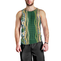 Hawaiian Art Flower Tribal with Lei Men Tank Top Palaka Pattern Green Color - Polynesian Pride