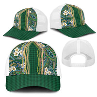 Hawaiian Art Flower Tribal with Lei Mesh Trucker Cap Palaka Pattern Green Color - Polynesian Pride