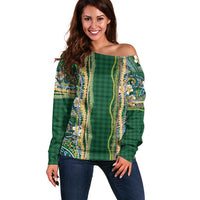 Hawaiian Art Flower Tribal with Lei Off Shoulder Sweater Palaka Pattern Green Color - Polynesian Pride