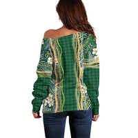 Hawaiian Art Flower Tribal with Lei Off Shoulder Sweater Palaka Pattern Green Color - Polynesian Pride