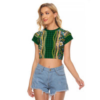 Hawaiian Art Flower Tribal with Lei Raglan Cropped T Shirt Palaka Pattern Green Color - Polynesian Pride