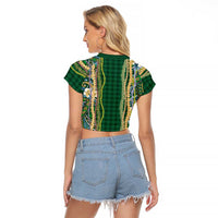Hawaiian Art Flower Tribal with Lei Raglan Cropped T Shirt Palaka Pattern Green Color - Polynesian Pride