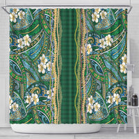 Hawaiian Art Flower Tribal with Lei Shower Curtain Palaka Pattern Green Color - Polynesian Pride