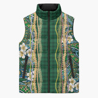 Hawaiian Art Flower Tribal with Lei Sleeveless Puffer Jacket Palaka Pattern Green Color - Polynesian Pride