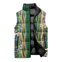 Hawaiian Art Flower Tribal with Lei Sleeveless Puffer Jacket Palaka Pattern Green Color - Polynesian Pride