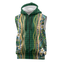 Hawaiian Art Flower Tribal with Lei Sleeveless Zip Hoodie Palaka Pattern Green Color - Polynesian Pride
