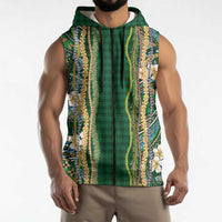 Hawaiian Art Flower Tribal with Lei Sleeveless Zip Hoodie Palaka Pattern Green Color - Polynesian Pride