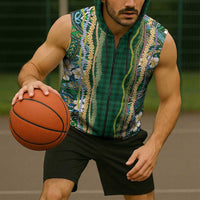 Hawaiian Art Flower Tribal with Lei Sleeveless Zip Hoodie Palaka Pattern Green Color - Polynesian Pride