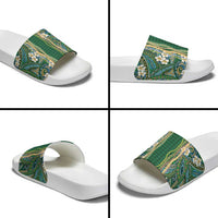Hawaiian Art Flower Tribal with Lei Slide Sandals Palaka Pattern Green Color - Polynesian Pride