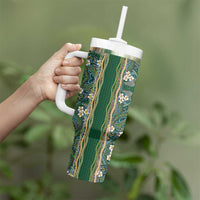 Hawaiian Art Flower Tribal with Lei Tumbler With Handle Palaka Pattern Green Color - Polynesian Pride
