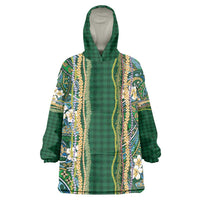 Hawaiian Art Flower Tribal with Lei Wearable Blanket Hoodie Palaka Pattern Green Color - Polynesian Pride