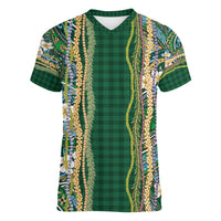 Hawaiian Art Flower Tribal with Lei Women V-Neck T-Shirt Palaka Pattern Green Color - Polynesian Pride