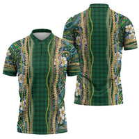 Hawaiian Art Flower Tribal with Lei Zipper Polo Shirt Palaka Pattern Green Color - Polynesian Pride