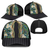 Hawaiian Art Flower Tribal with Lei Baseball Net Cap Palaka Pattern Black Color - Polynesian Pride