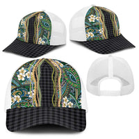 Hawaiian Art Flower Tribal with Lei Baseball Net Cap Palaka Pattern Black Color - Polynesian Pride