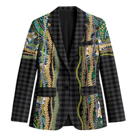 Hawaiian Art Flower Tribal with Lei Blazer Palaka Pattern Black Color - Polynesian Pride