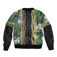 Hawaiian Art Flower Tribal with Lei Bomber Jacket Palaka Pattern Black Color - Polynesian Pride