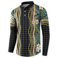 Hawaiian Art Flower Tribal with Lei Button Sweatshirt Palaka Pattern Black Color - Polynesian Pride
