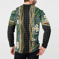 Hawaiian Art Flower Tribal with Lei Button Sweatshirt Palaka Pattern Black Color - Polynesian Pride