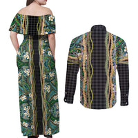Hawaiian Art Flower Tribal with Lei Couples Matching Off Shoulder Maxi Dress and Long Sleeve Button Shirt Palaka Pattern Black Color - Polynesian Pride